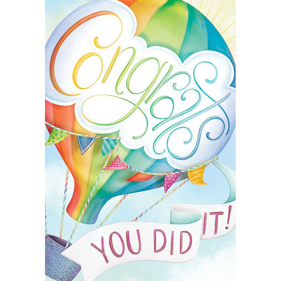 Pictura Hot Air Balloon Congratulations Card showing a colorful hot air balloon flying in a bright sky, perfect for celebrating achievements.